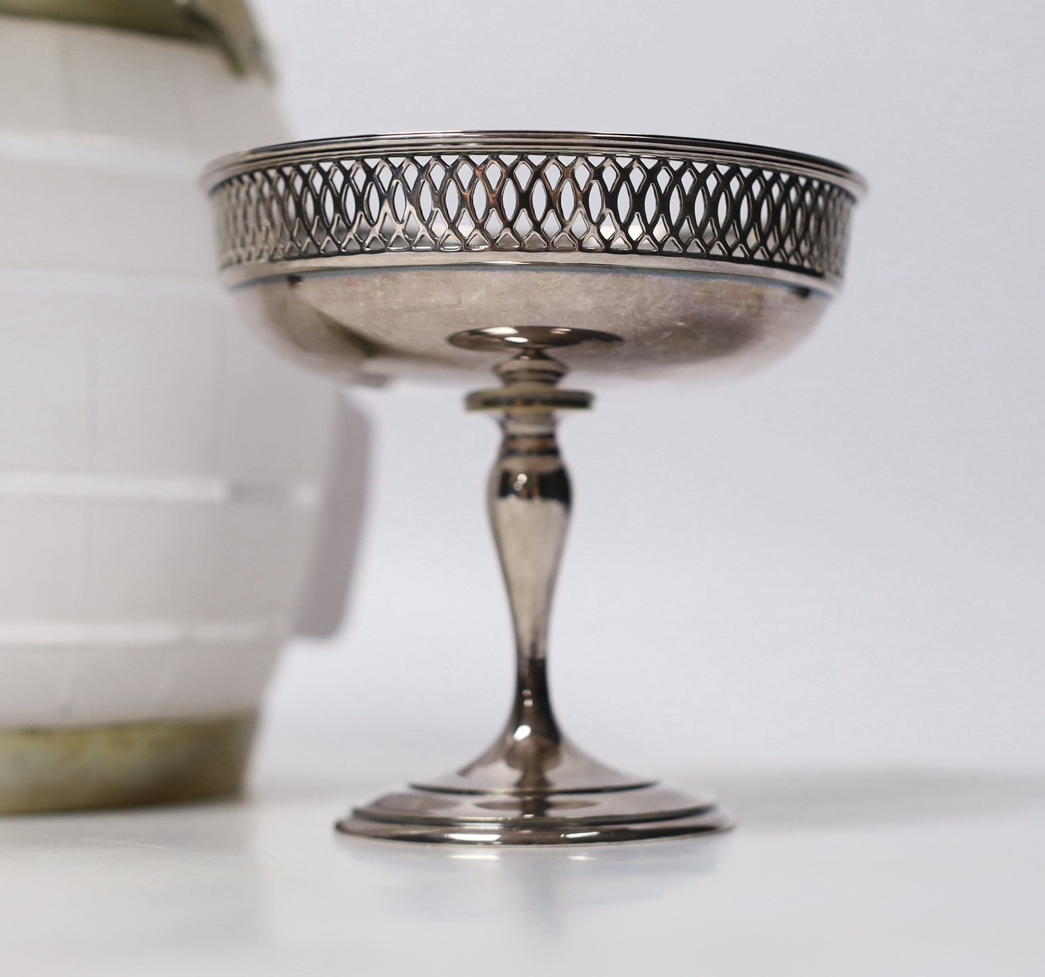 A vintage frosted glass 'BISCUIT' barrel with plated mounts, the cover with 'coiled rope' finial, impressed 'Whiteleys, Westbourne Grove' together with two small sweetmeat tazzas, tallest 17cm